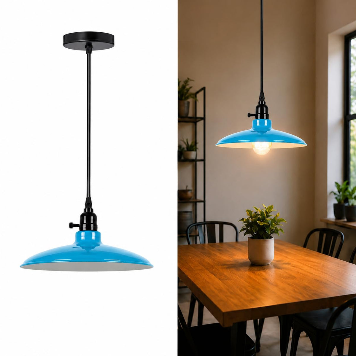 Switched Pendant Light – E27 Holder with On/Off Switch, 35 Shades - Black, Flat Cone 25.5 cm Light Blue, Without Bulb
