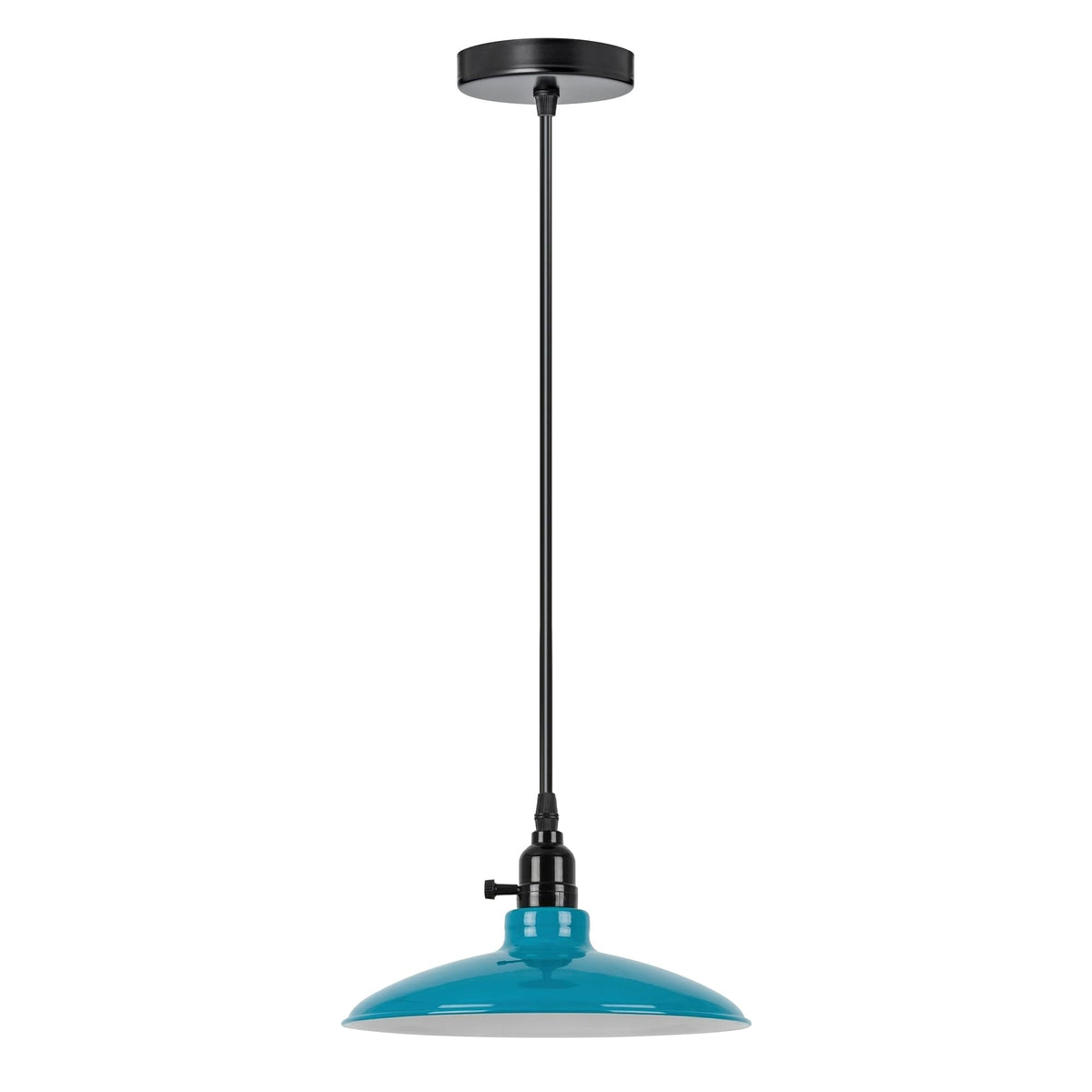Switched Pendant Light – E27 Holder with On/Off Switch, 35 Shades - Black, Flat Cone 25.5 cm Cyan Blue, Without Bulb