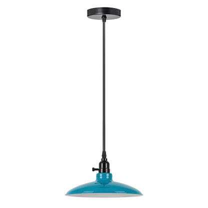 Switched Pendant Light – E27 Holder with On/Off Switch, 35 Shades - Black, Flat Cone 25.5 cm Cyan Blue, Without Bulb