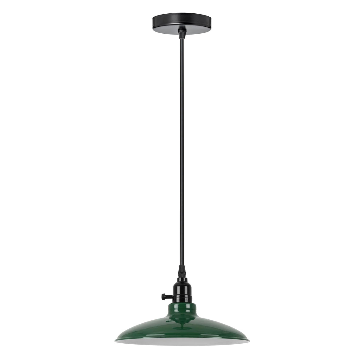 Switched Pendant Light – E27 Holder with On/Off Switch, 35 Shades - Black, Flat Cone 25.5 cm Green, Without Bulb