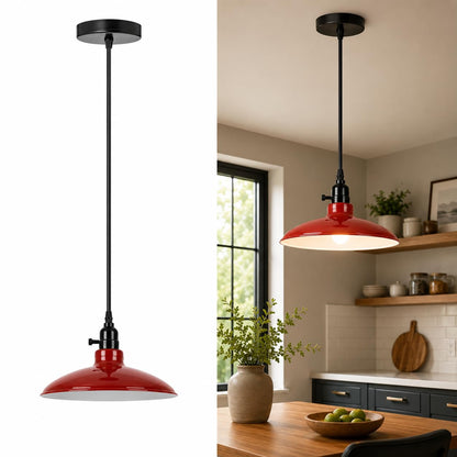 Switched Pendant Light – E27 Holder with On/Off Switch, 35 Shades - Black, Flat Cone 25.5 cm Red, Without Bulb