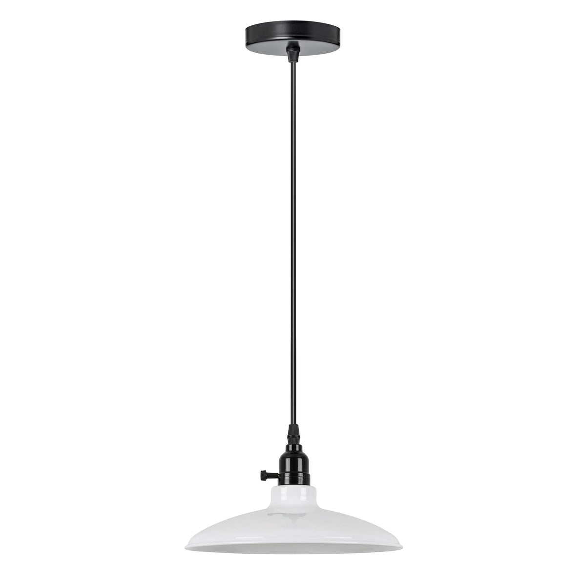 Switched Pendant Light – E27 Holder with On/Off Switch, 35 Shades - Black, Flat Cone 25.5 cm White, Without Bulb