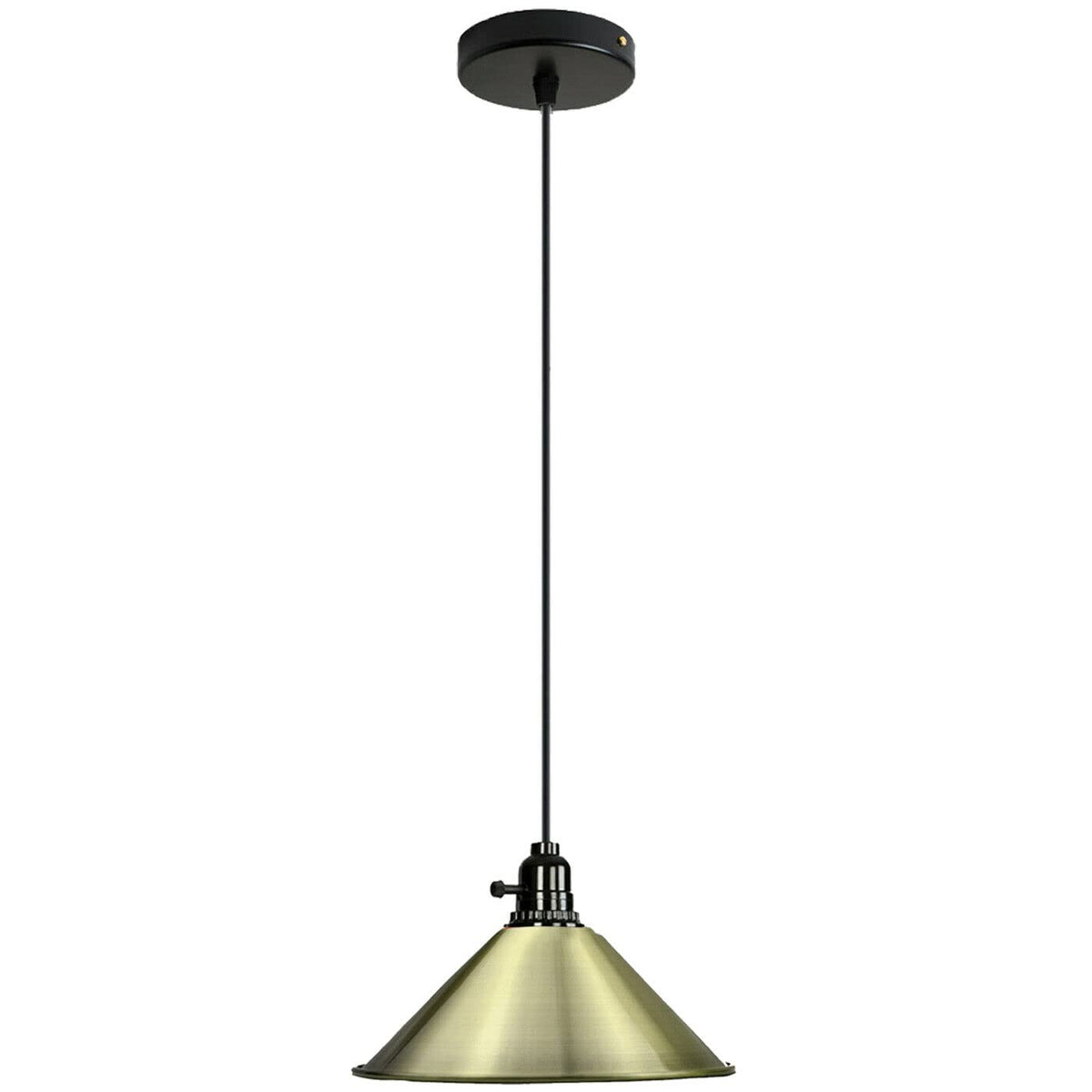 Switched Pendant Light – E27 Holder with On/Off Switch, 35 Shades - Black, Flat Cone 22 cm Green Brass, Without Bulb