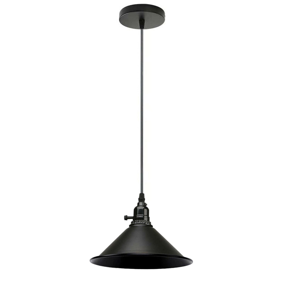 Switched Pendant Light – E27 Holder with On/Off Switch, 35 Shades - Black, Flat Cone 22 cm Black, Without Bulb