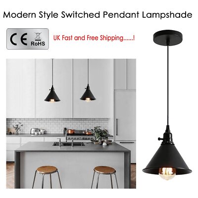 Switched Pendant Light – E27 Holder with On/Off Switch, 35 Shades - Black, Small Cone 18 cm Black, Without Bulb