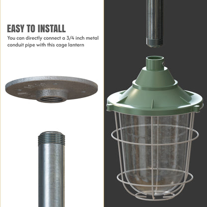 Conduit Pipe Pendant with Lantern Cage – Green, Grey or Yellow, E27 - photo 2