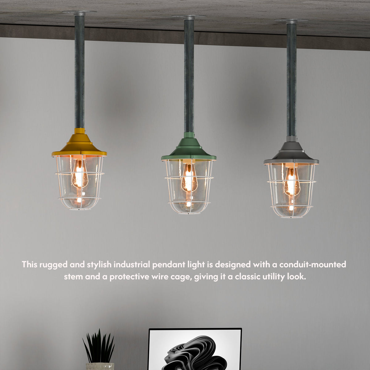 Conduit Pipe Pendant with Lantern Cage – Green, Grey or Yellow, E27 - photo 6