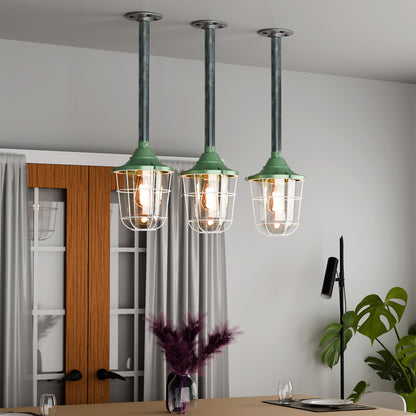 Conduit Pipe Pendant with Lantern Cage – Green, Grey or Yellow, E27 - photo 8