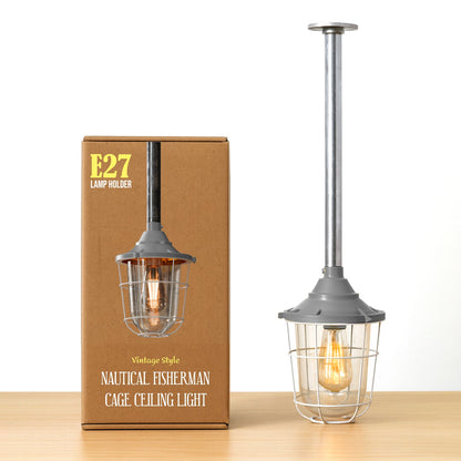 Conduit Pipe Pendant with Lantern Cage – Green, Grey or Yellow, E27 - Raw Steel Pipe, Lantern Cage 22 cm Grey, Without Bulb