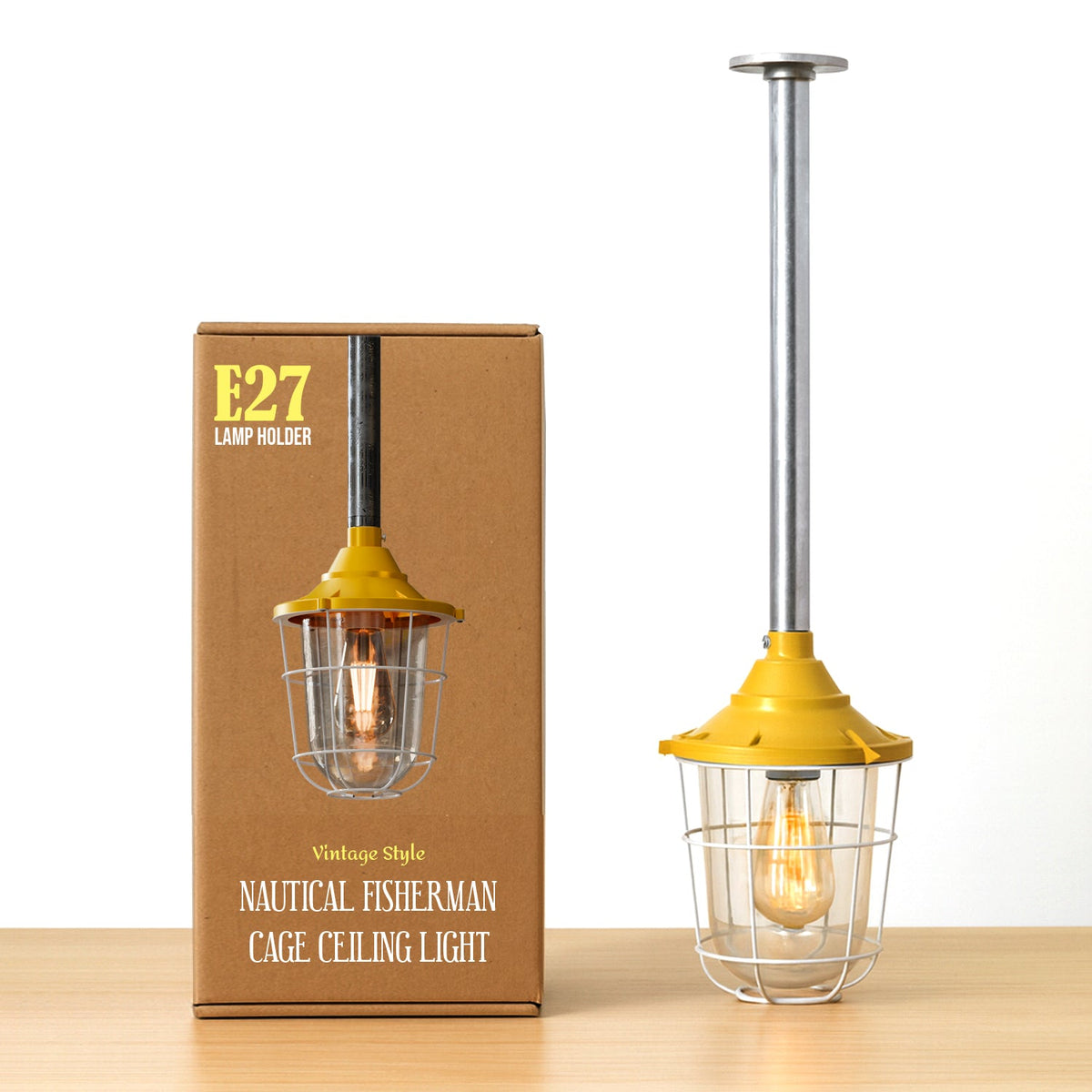 Conduit Pipe Pendant with Lantern Cage – Green, Grey or Yellow, E27 - Raw Steel Pipe, Lantern Cage 22 cm Yellow, Without Bulb