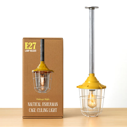 Conduit Pipe Pendant with Lantern Cage – Green, Grey or Yellow, E27 - Raw Steel Pipe, Lantern Cage 22 cm Yellow, Without Bulb