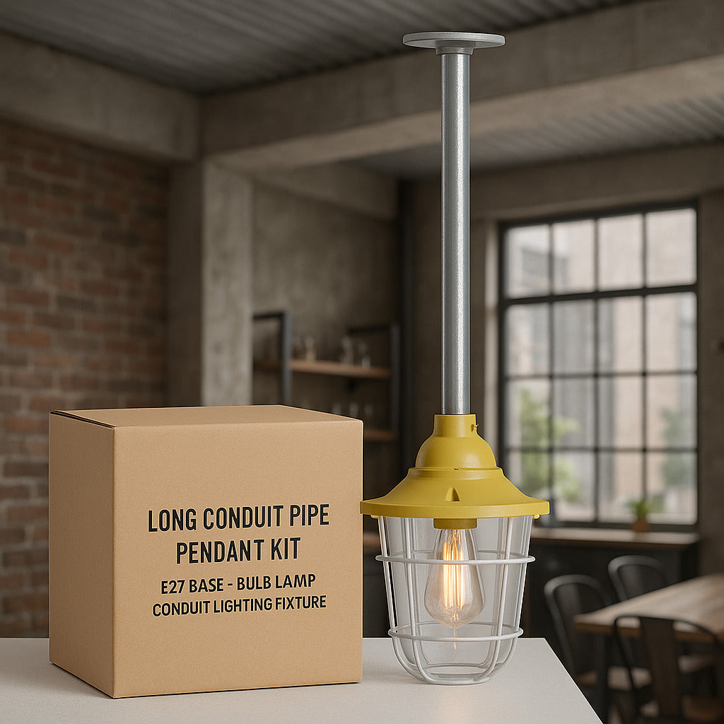 Conduit Pipe Pendant with Lantern Cage – Green, Grey or Yellow, E27