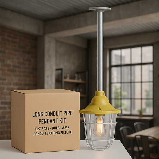 Conduit Pipe Pendant with Lantern Cage – Green, Grey or Yellow, E27