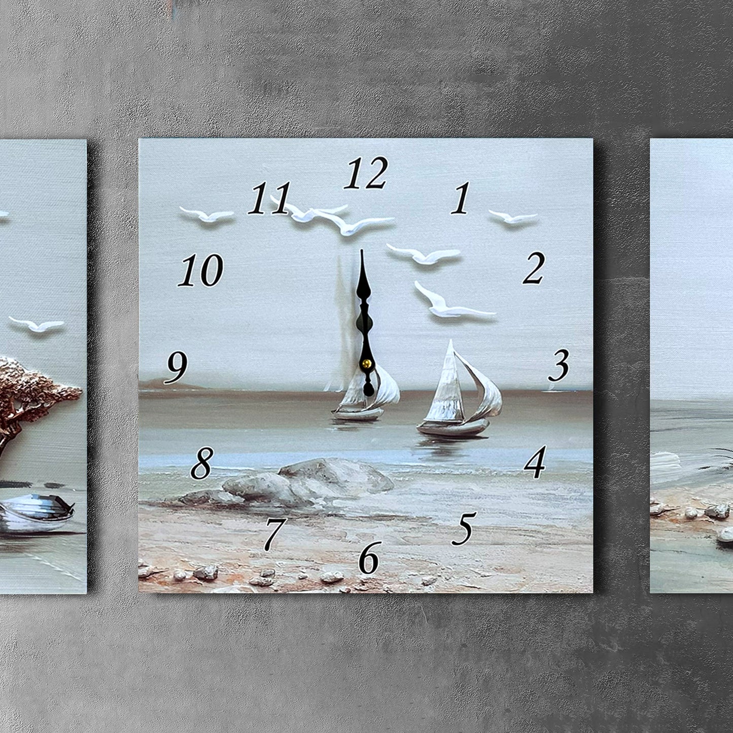 Modern 3 Frame Nautical Sailboat Calm Painting Wall Clock Decor ~1230