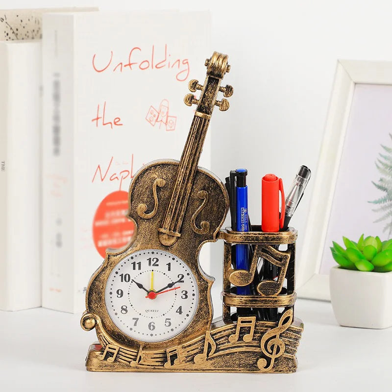 Plastic Violin Clock Figurine Small Bedside Pen Holder Clock ~1127