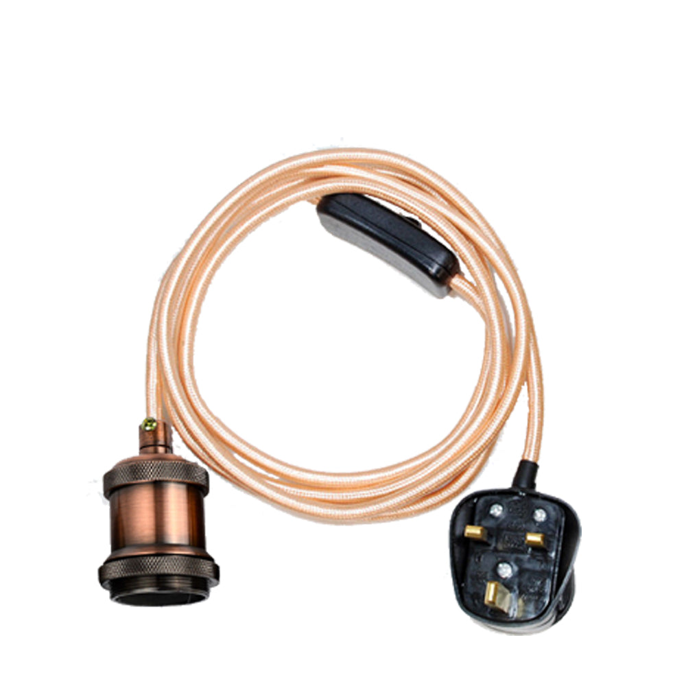 Rose Gold Fabric Plug-In Cord – On/Off Switch, UK Plug, Holder Option - Rose Gold, With Copper E27 Lamp Holder, Without Bulb