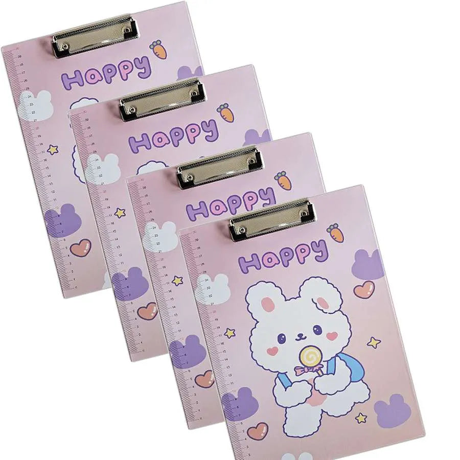 A4 Cartoon Clipboards with Ruler Edge – Pack of 4, Choice of 3 Designs - Pink Bunny