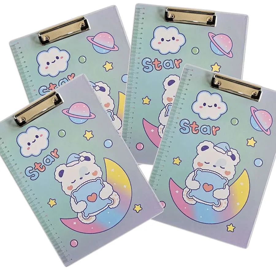 A4 Cartoon Clipboards with Ruler Edge – Pack of 4, Choice of 3 Designs - Green Star Bear