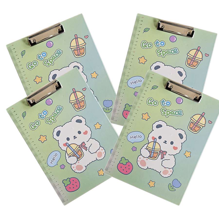 A4 Cartoon Clipboards with Ruler Edge – Pack of 4, Choice of 3 Designs - Light Green Bear