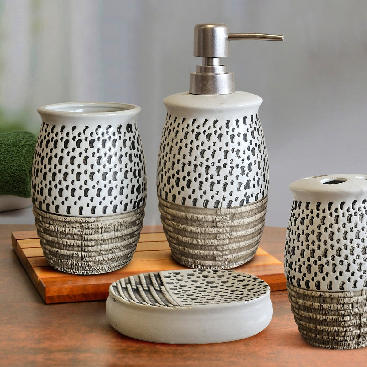 Ceramic Bathroom Accessory Set – Hand-Painted Dot Pattern, 4 Pieces - photo 2