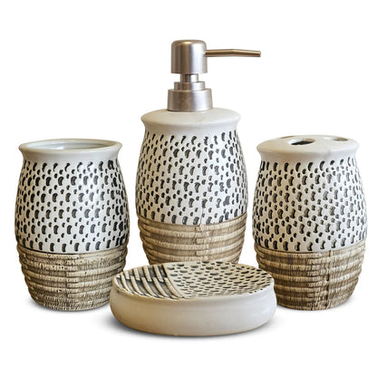 Ceramic Bathroom Accessory Set – Hand-Painted Dot Pattern, 4 Pieces