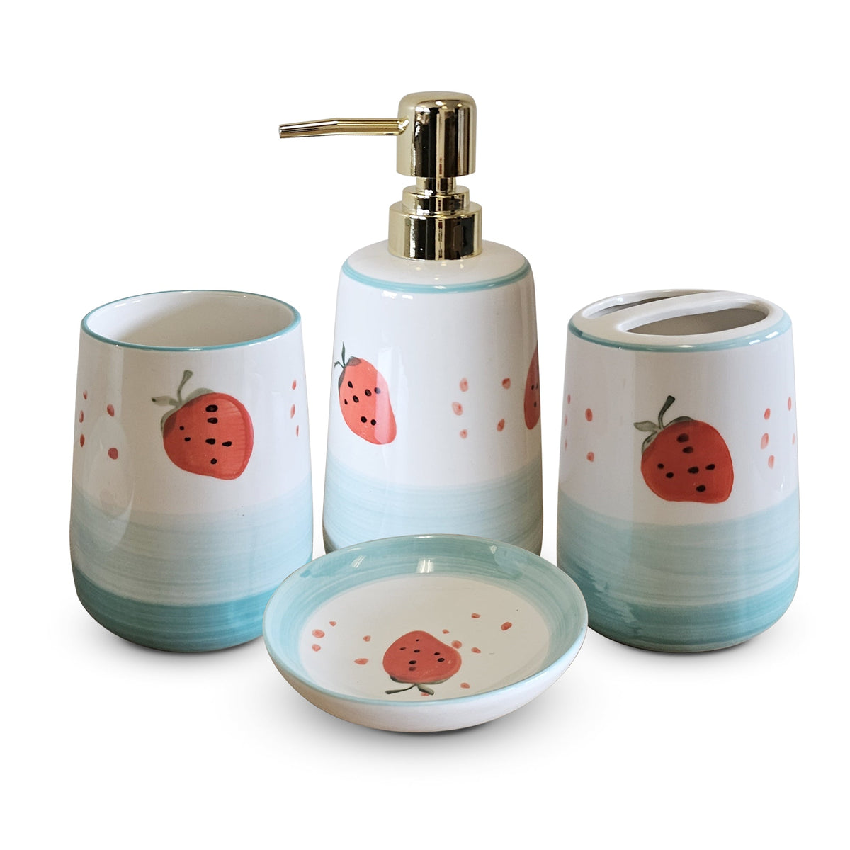 Ceramic Bathroom Accessory Set – Strawberry Design, Gold-Tone Pump, 4 Pieces