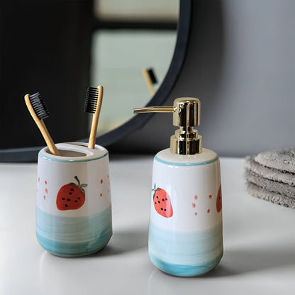 Ceramic Bathroom Accessory Set – Strawberry Design, Gold-Tone Pump, 4 Pieces - photo 4