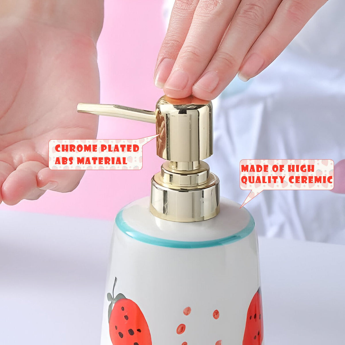 Ceramic Bathroom Accessory Set – Strawberry Design, Gold-Tone Pump, 4 Pieces - photo 5