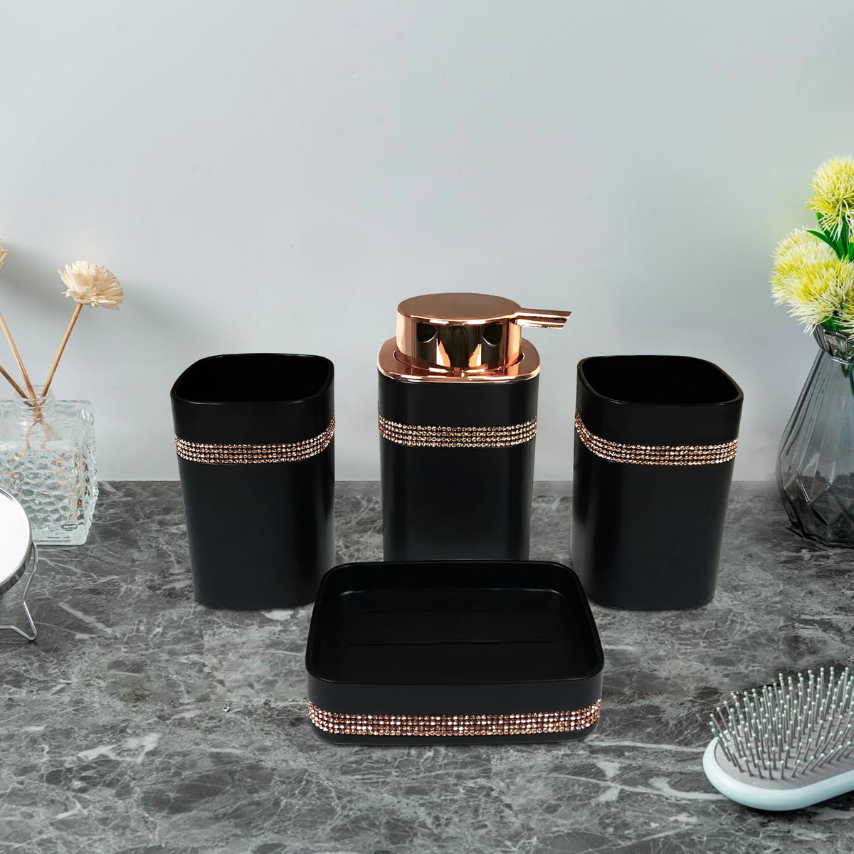 4-Piece Bathroom Accessory Set – Rose Gold Pump, Diamanté Band, Black or White - photo 5