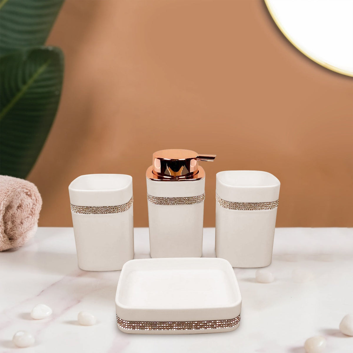 4-Piece Bathroom Accessory Set – Rose Gold Pump, Diamanté Band, Black or White - photo 9
