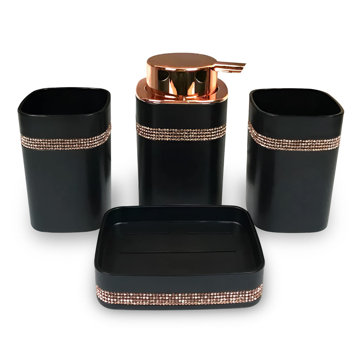 4-Piece Bathroom Accessory Set – Rose Gold Pump, Diamanté Band, Black or White - Black