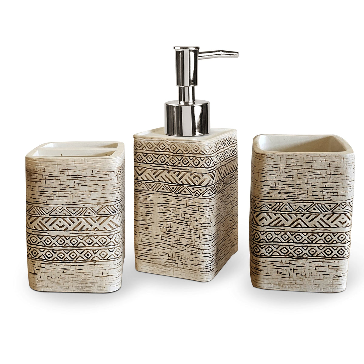 Carved Stone-Effect Bathroom Set – Egyptian Pattern, 3 Pieces, Beige