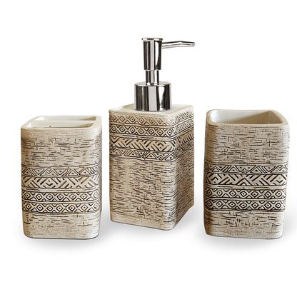 Carved Stone-Effect Bathroom Set – Egyptian Pattern, 3 Pieces, Beige