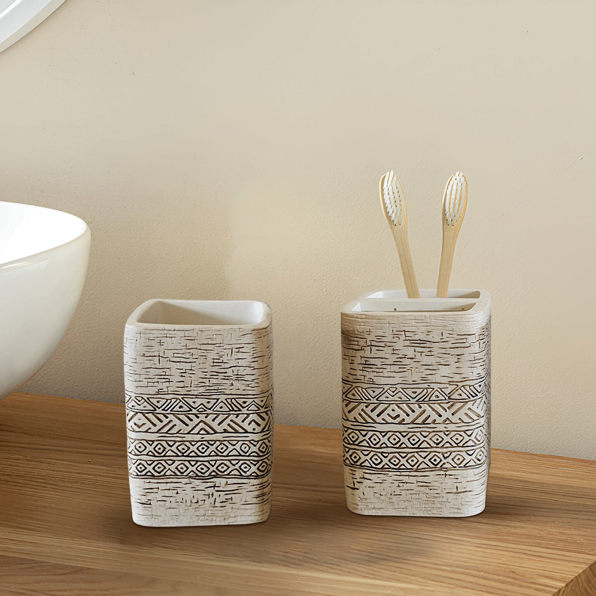 Carved Stone-Effect Bathroom Set – Egyptian Pattern, 3 Pieces, Beige - photo 5