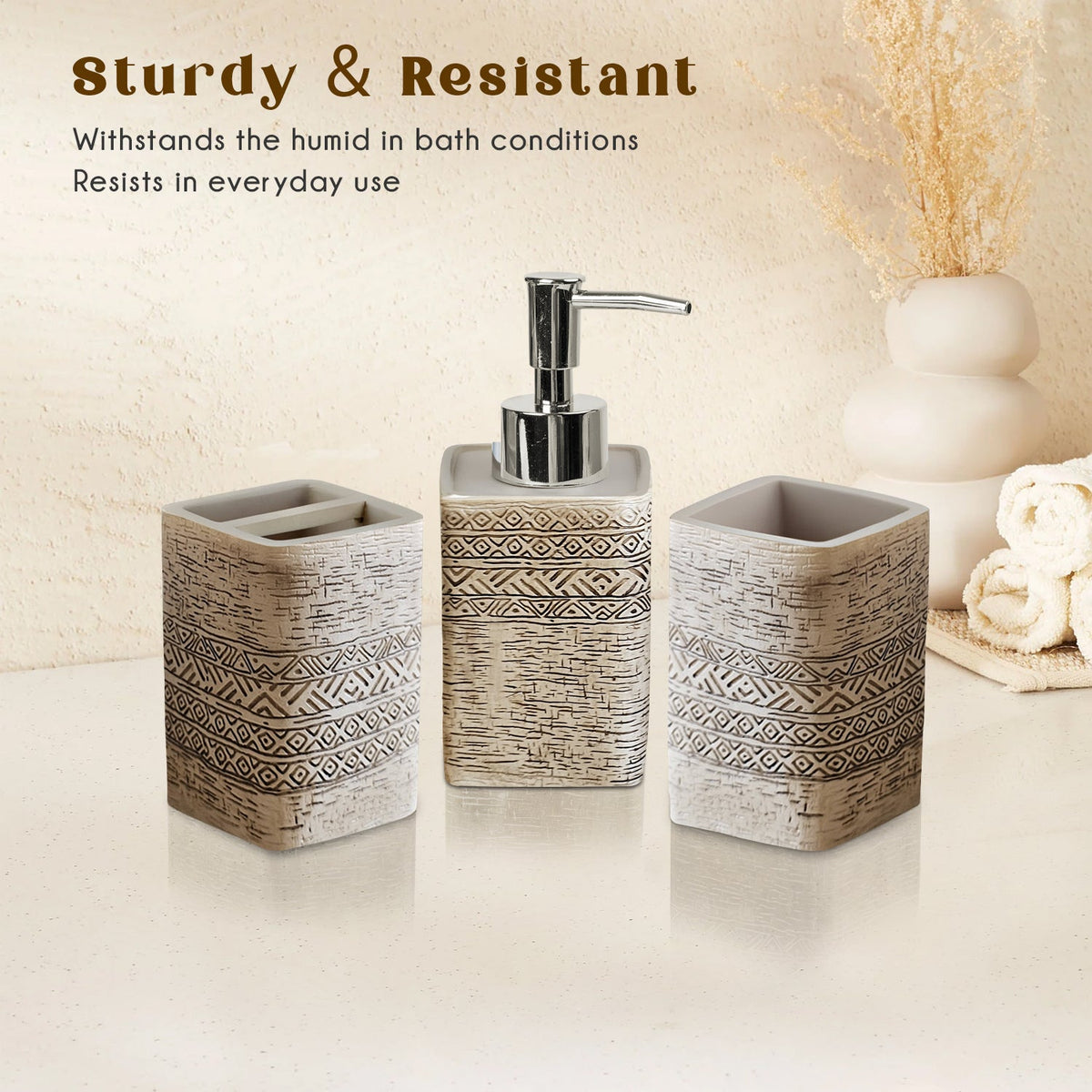 Carved Stone-Effect Bathroom Set – Egyptian Pattern, 3 Pieces, Beige - photo 6
