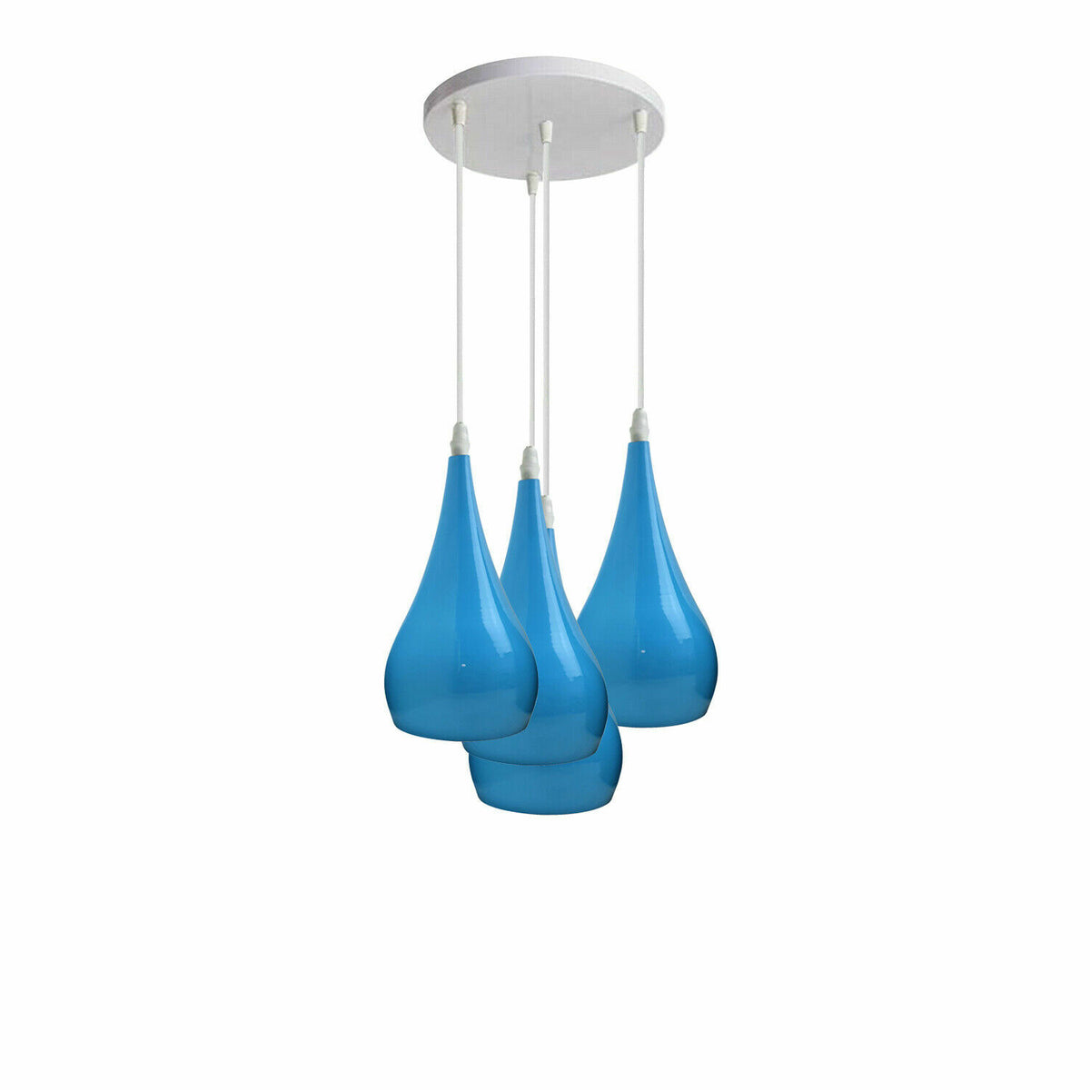 4-Light Teardrop Pendant Cluster – White Plate, 7 Shade Colours - White, Teardrop 16 cm Blue, Without Bulb