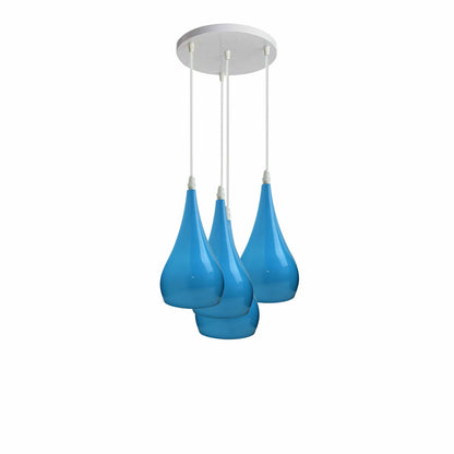 4-Light Teardrop Pendant Cluster – White Plate, 7 Shade Colours - White, Teardrop 16 cm Blue, Without Bulb