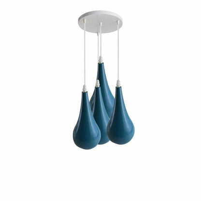 4-Light Teardrop Pendant Cluster – White Plate, 7 Shade Colours - White, Teardrop 16 cm Cyan Blue, Without Bulb