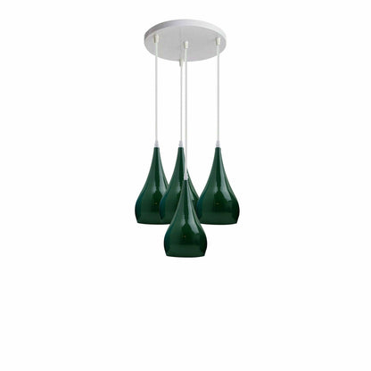 4-Light Teardrop Pendant Cluster – White Plate, 7 Shade Colours - White, Teardrop 16 cm Green, Without Bulb