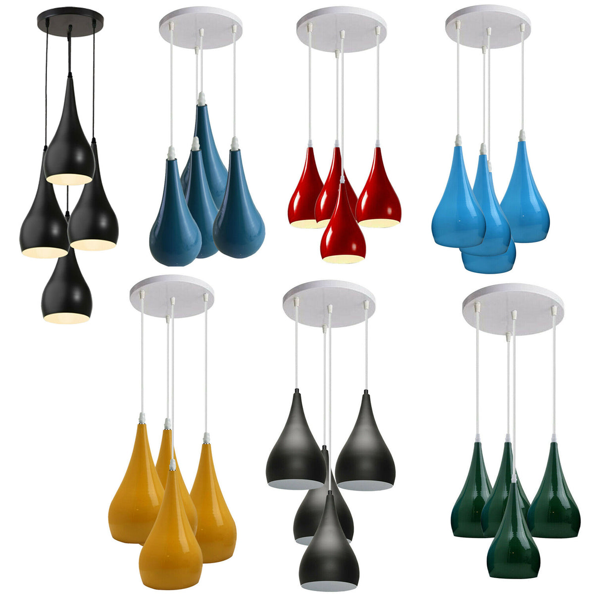 4-Light Teardrop Pendant Cluster – White Plate, 7 Shade Colours - White, Teardrop 16 cm Yellow, Without Bulb