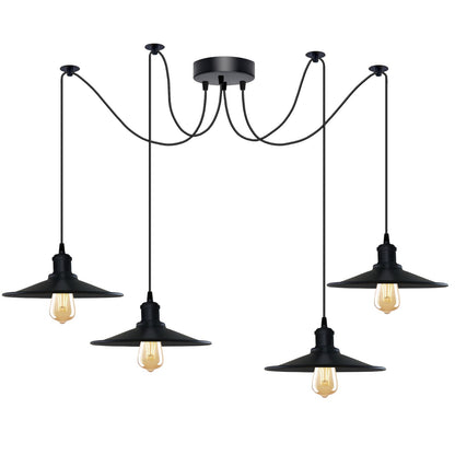 4 Light Spider Pendant – Swag Hooks, Metal Cones or Wire Cages, E27 - Black, Wide Flat Shade Black, Without Bulb
