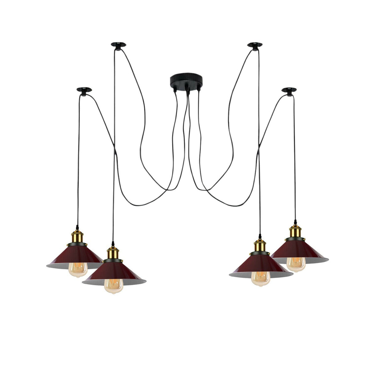 4 Light Spider Pendant – Swag Hooks, Metal Cones or Wire Cages, E27 - Yellow Brass, Flat Cone 22 cm Burgundy, Without Bulb