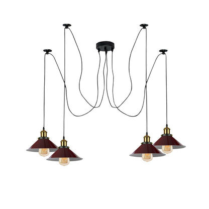 4 Light Spider Pendant – Swag Hooks, Metal Cones or Wire Cages, E27 - Yellow Brass, Flat Cone 22 cm Burgundy, Without Bulb