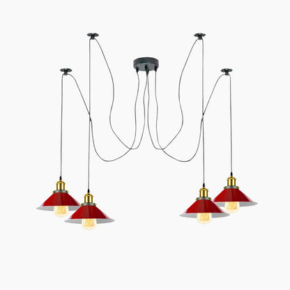 4 Light Spider Pendant – Swag Hooks, Metal Cones or Wire Cages, E27 - Yellow Brass, Flat Cone 22 cm Red, Without Bulb