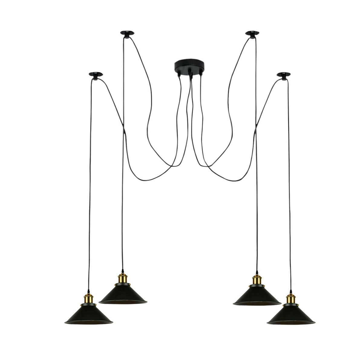 4 Light Spider Pendant – Swag Hooks, Metal Cones or Wire Cages, E27 - Yellow Brass, Flat Cone 22 cm Black, Without Bulb