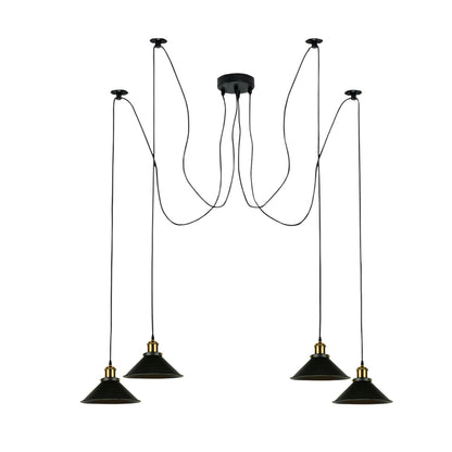 4 Light Spider Pendant – Swag Hooks, Metal Cones or Wire Cages, E27 - Yellow Brass, Flat Cone 22 cm Black, Without Bulb