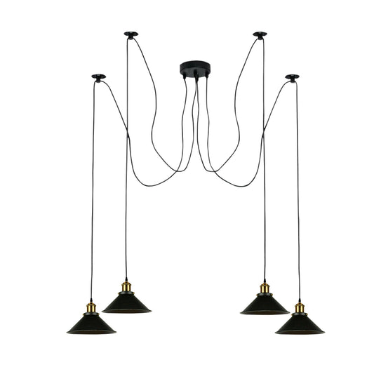 4 Light Spider Pendant – Swag Hooks, Metal Cones or Wire Cages, E27 - Yellow Brass, Flat Cone 22 cm Black, Without Bulb