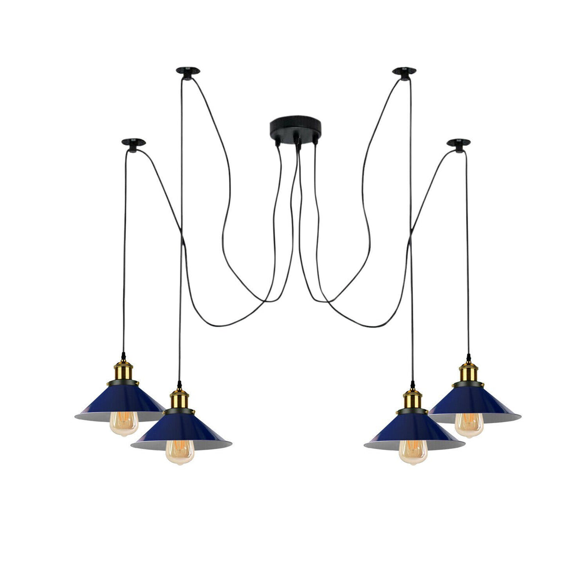 4 Light Spider Pendant – Swag Hooks, Metal Cones or Wire Cages, E27 - Yellow Brass, Flat Cone 22 cm Navy Blue, Without Bulb