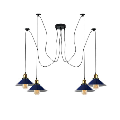 4 Light Spider Pendant – Swag Hooks, Metal Cones or Wire Cages, E27 - Yellow Brass, Flat Cone 22 cm Navy Blue, Without Bulb