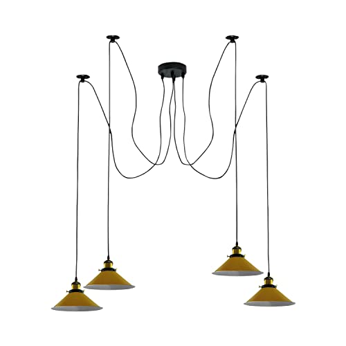 4 Light Spider Pendant – Swag Hooks, Metal Cones or Wire Cages, E27 - Yellow Brass, Flat Cone 22 cm Yellow, Without Bulb